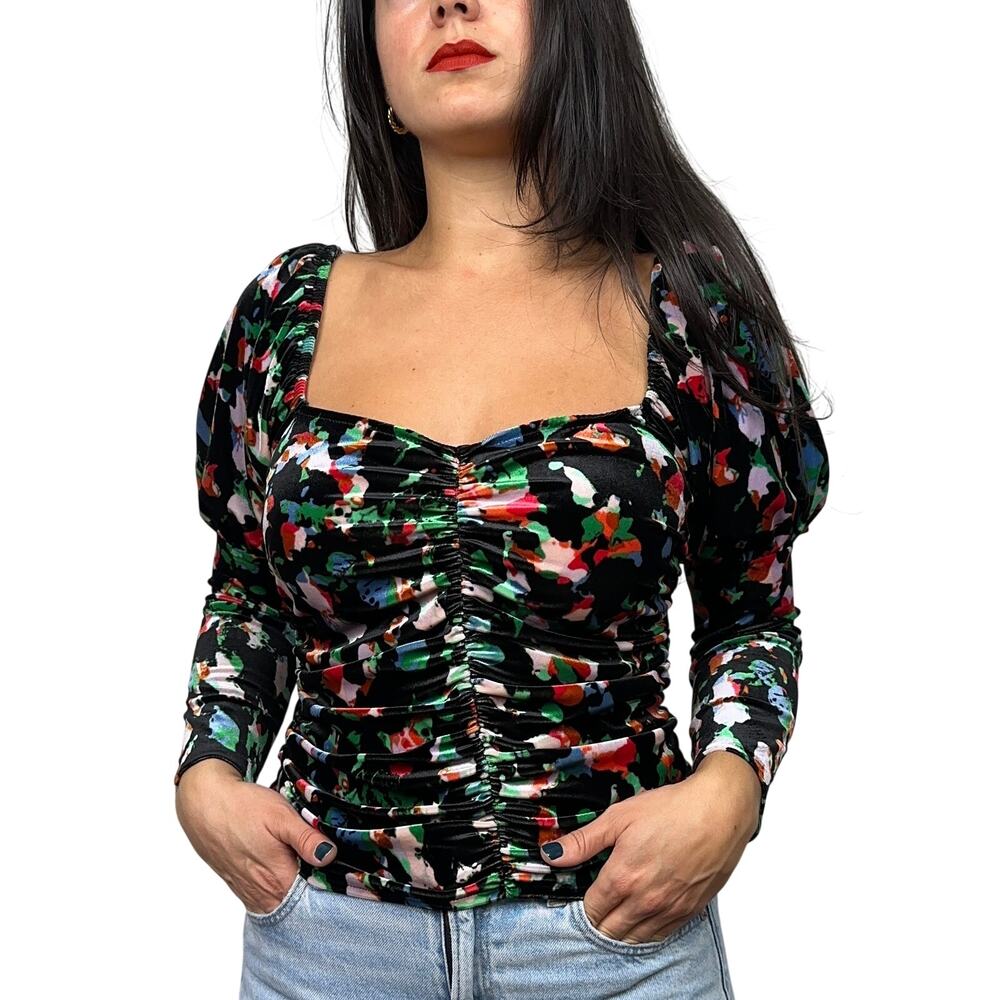 Open Edit Black Velvet Ruched Sweetheart Puff Sleeve Blouse